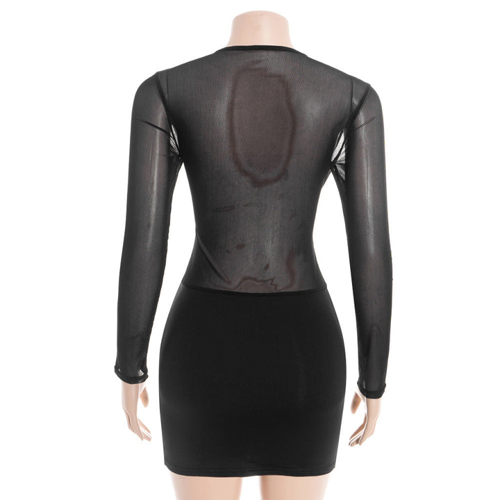 Long sleeve crewneck hollow out ruched mesh mini dress  | Festival Outfits Women