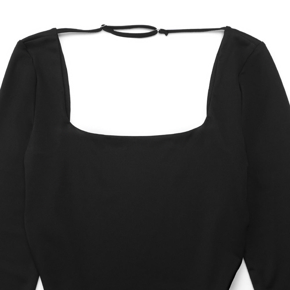 Long sleeve square neck cross back solid bodysuit  | Festival Outfits Women