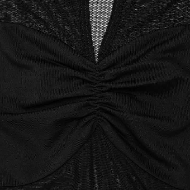 Long sleeve crewneck hollow out ruched mesh mini dress  | Festival Outfits Women