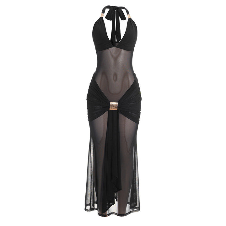 Halter self tie mesh ruched v neck maxi dress  | Festival Outfits Women