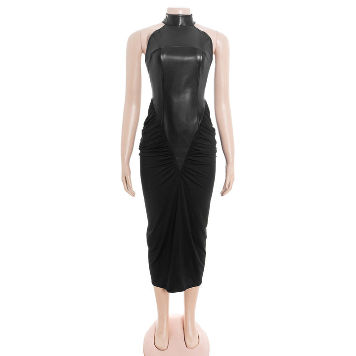 Ruched PU leather crewneck zip-up midi dress  | Festival Outfits Women