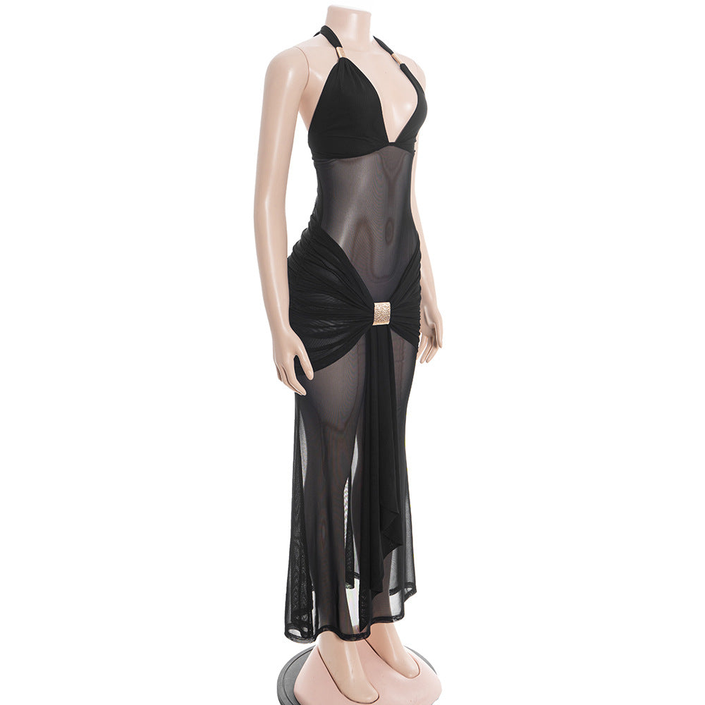 Halter self tie mesh ruched v neck maxi dress  | Festival Outfits Women