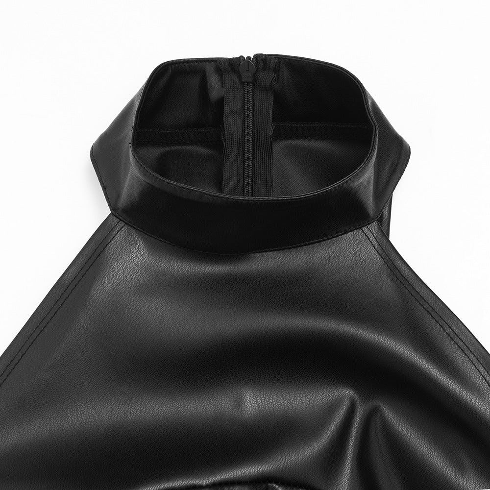 Ruched PU leather crewneck zip-up midi dress  | Festival Outfits Women