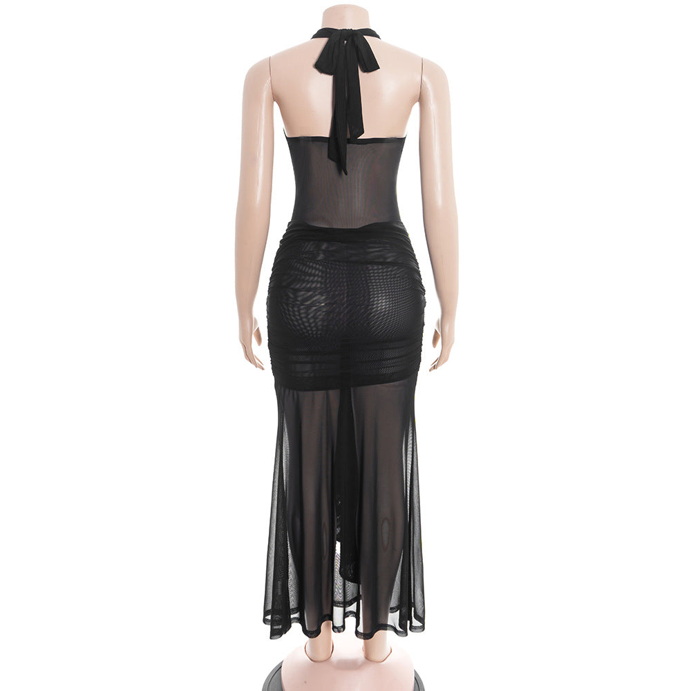 Halter self tie mesh ruched v neck maxi dress  | Festival Outfits Women