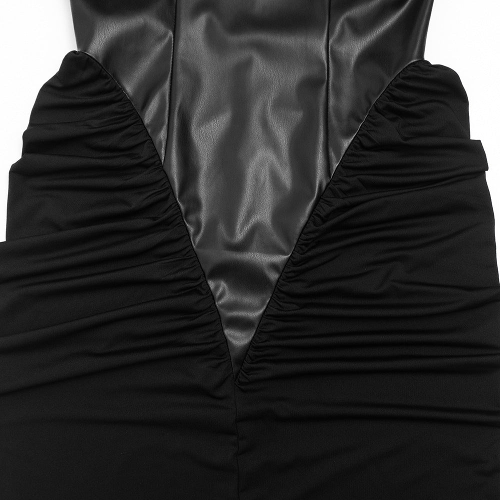 Ruched PU leather crewneck zip-up midi dress  | Festival Outfits Women