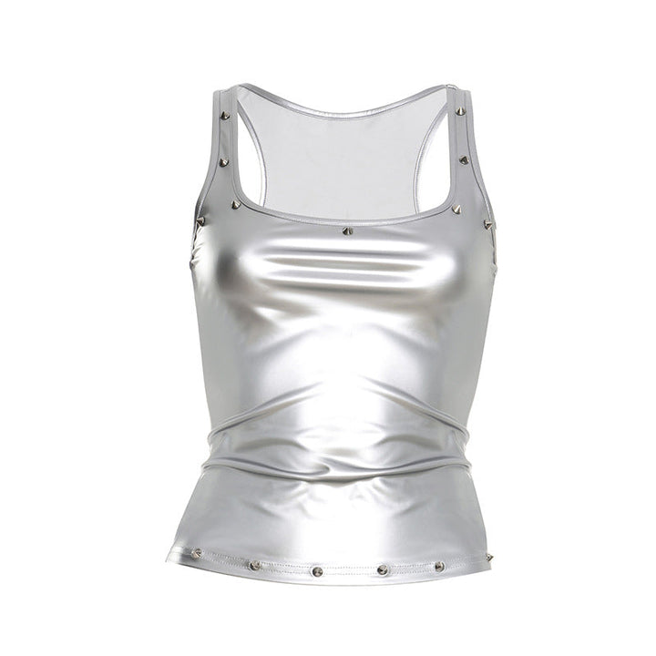 Metallic square neck rivet applique tank top