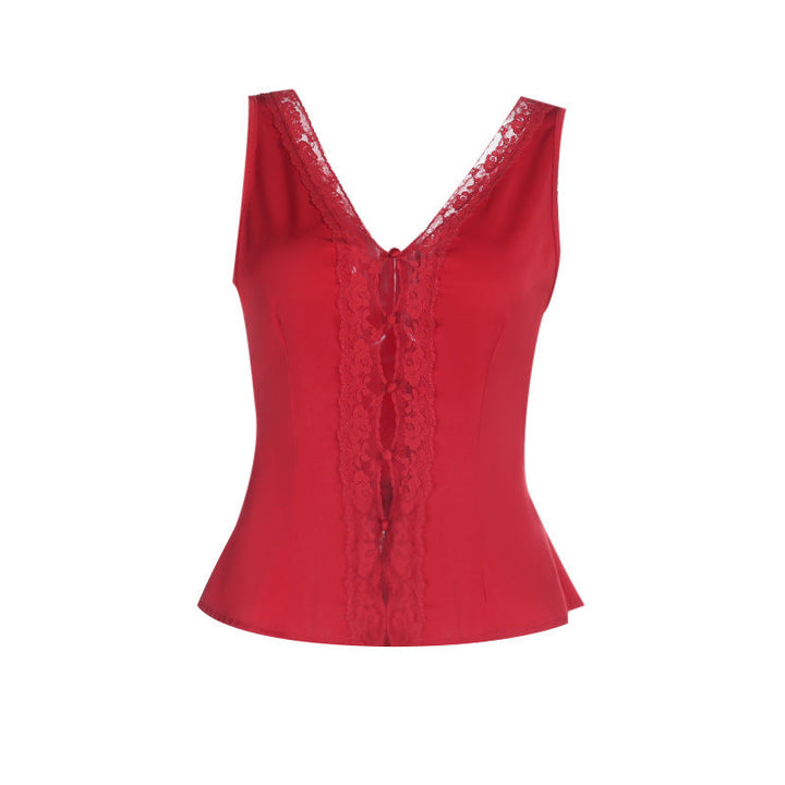 Lace hem v neck self tie hollow out satin top