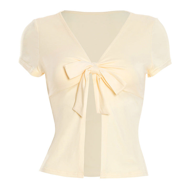 Short sleeve v neck self tie solid crop top