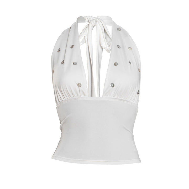 Self tie halter button applique backless top