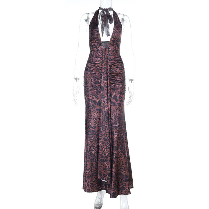 Leopard print ruched halter self tie v neck maxi dress