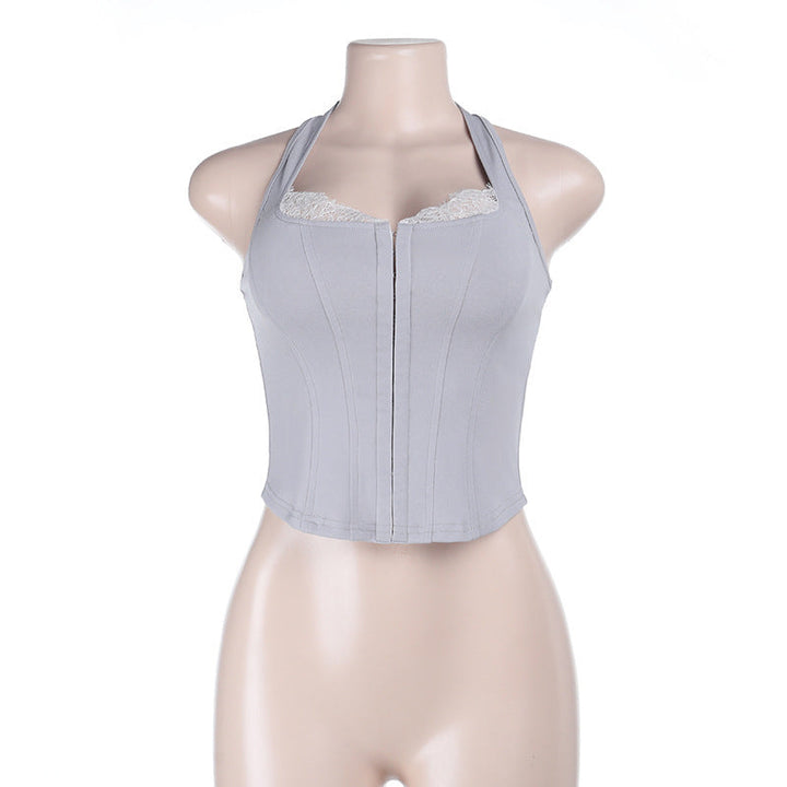 Lace hem self tie halter corset backless top
