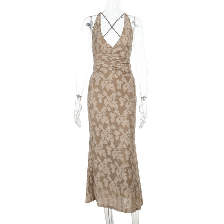 Ruched cross back self tie v neck maxi dress