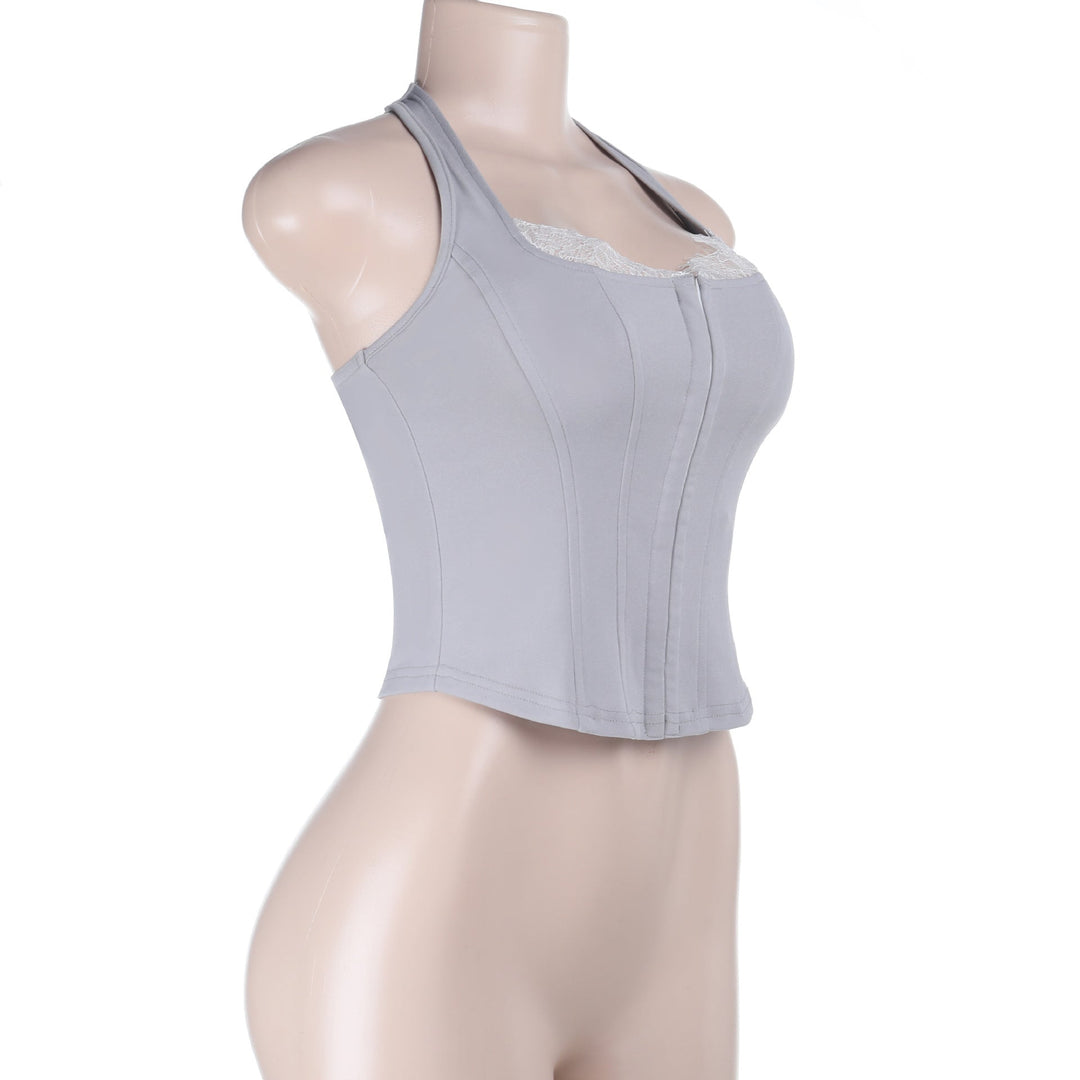 Lace hem self tie halter corset backless top