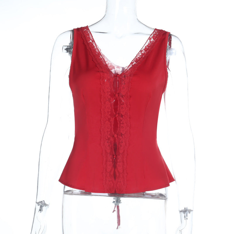 Lace hem v neck self tie hollow out satin top