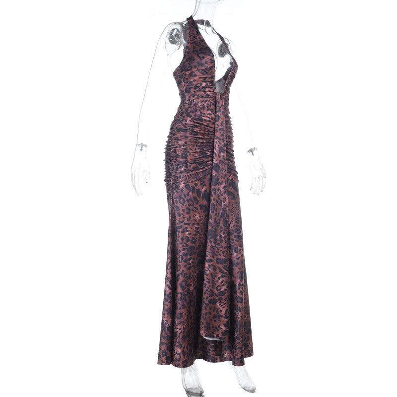 Leopard print ruched halter self tie v neck maxi dress