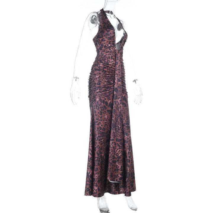 Leopard print ruched halter self tie v neck maxi dress