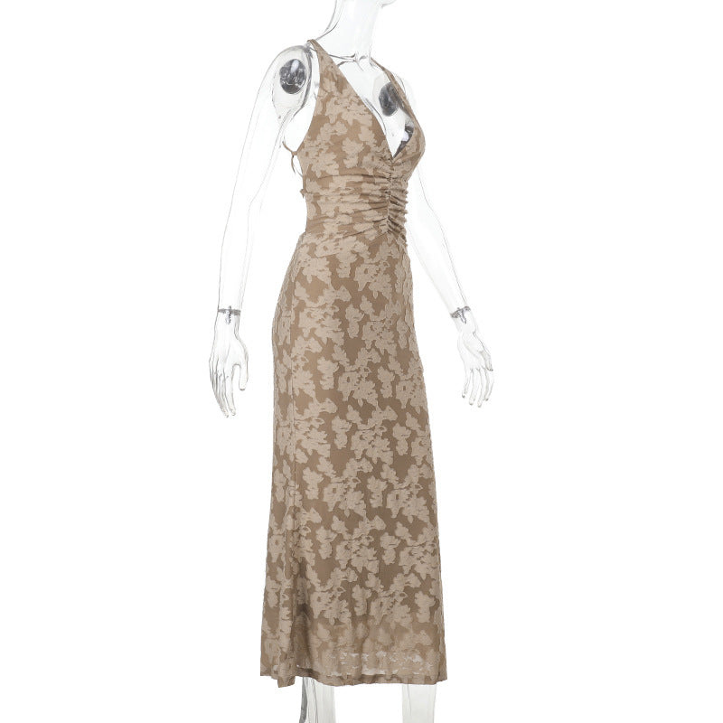 Ruched cross back self tie v neck maxi dress