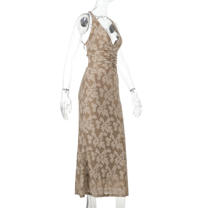 Ruched cross back self tie v neck maxi dress