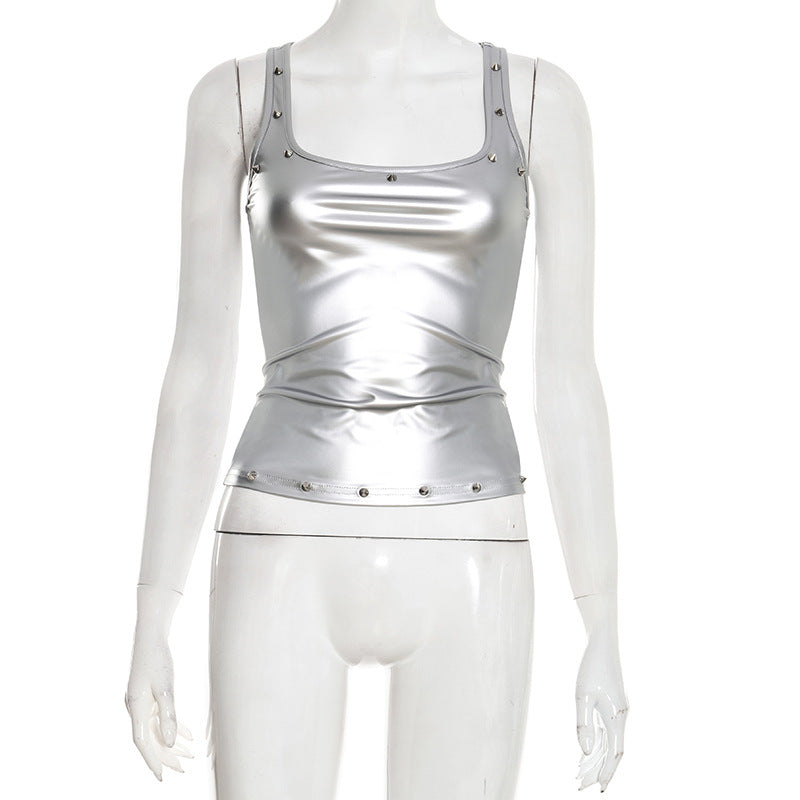 Metallic square neck rivet applique tank top