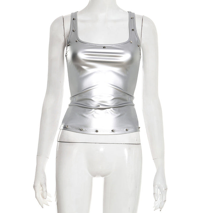 Metallic square neck rivet applique tank top
