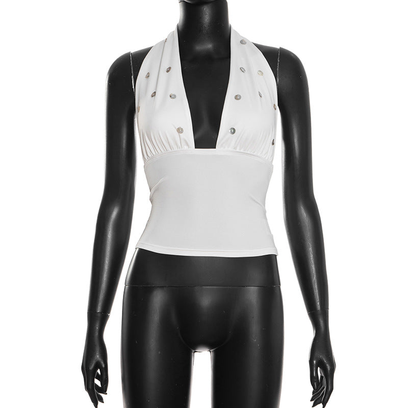 Self tie halter button applique backless top