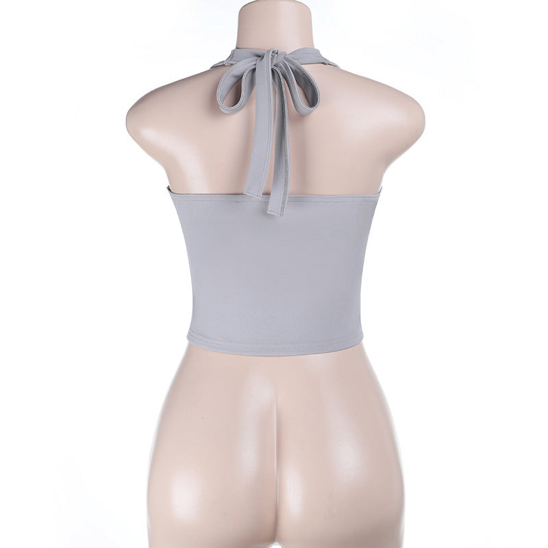 Lace hem self tie halter corset backless top