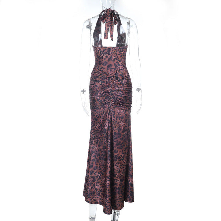 Leopard print ruched halter self tie v neck maxi dress