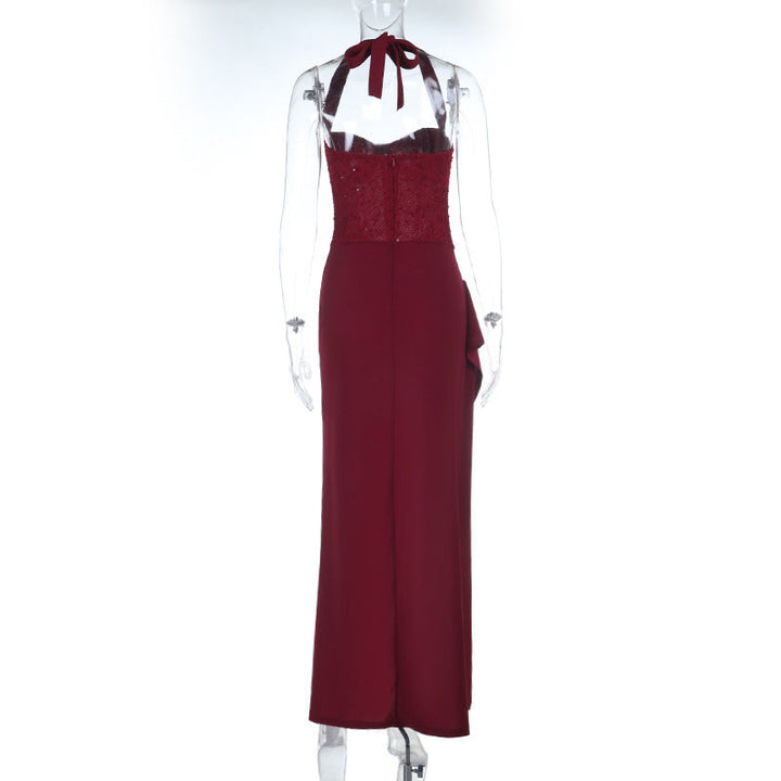 Irregular pleated slit halter self tie maxi dress
