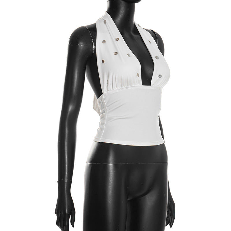 Self tie halter button applique backless top