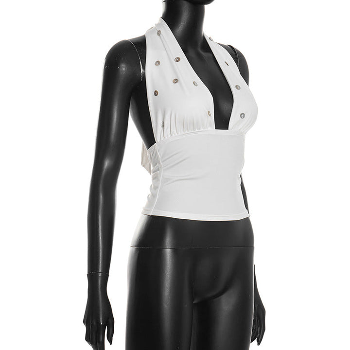 Self tie halter button applique backless top
