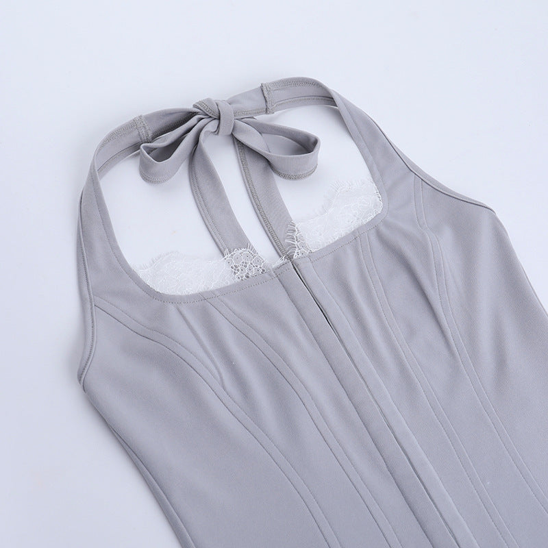 Lace hem self tie halter corset backless top