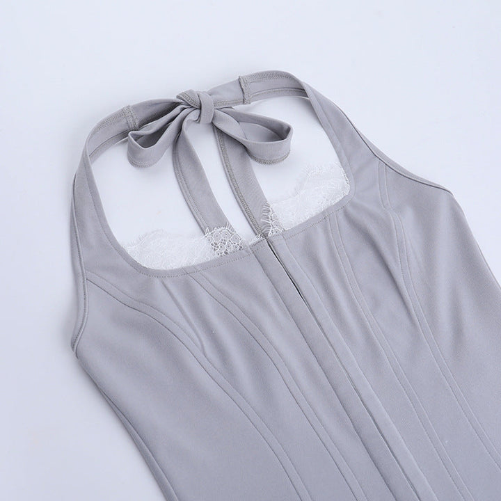 Lace hem self tie halter corset backless top