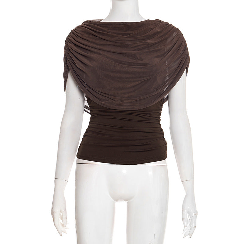 Ruched crewneck mesh solid top