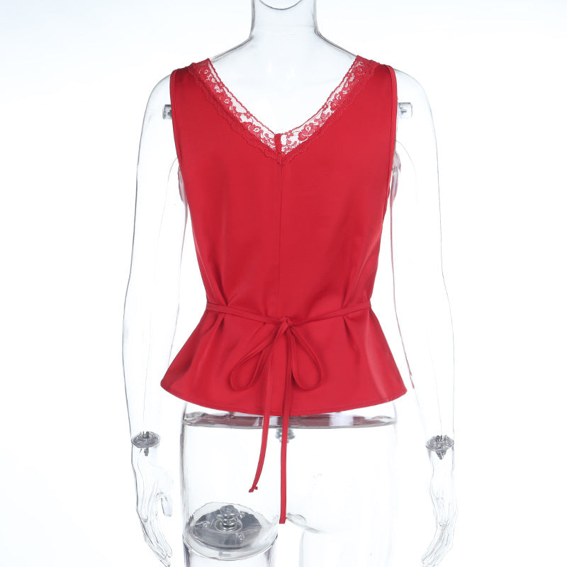 Lace hem v neck self tie hollow out satin top