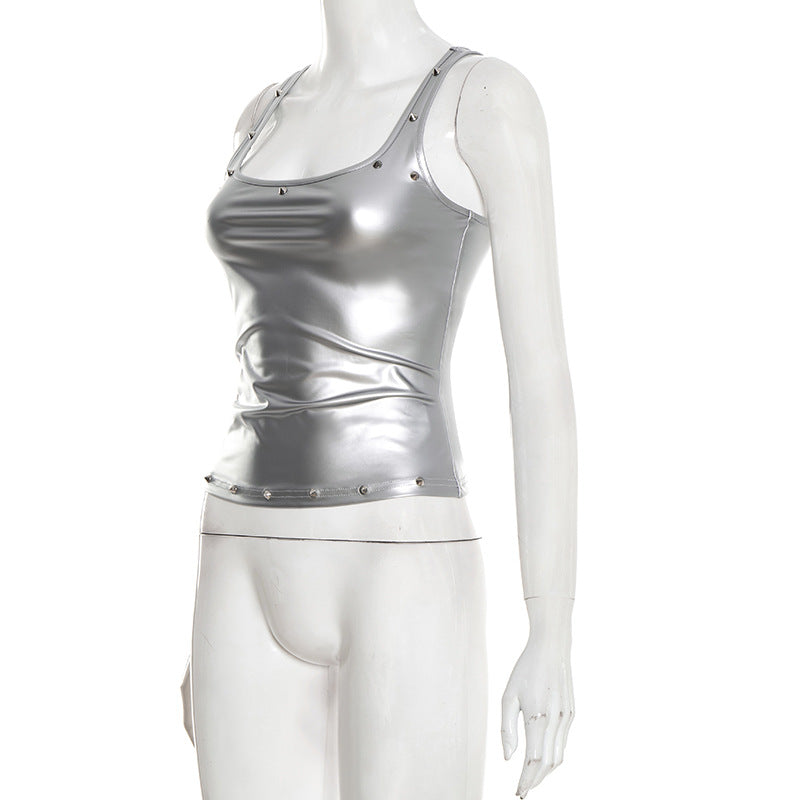 Metallic square neck rivet applique tank top