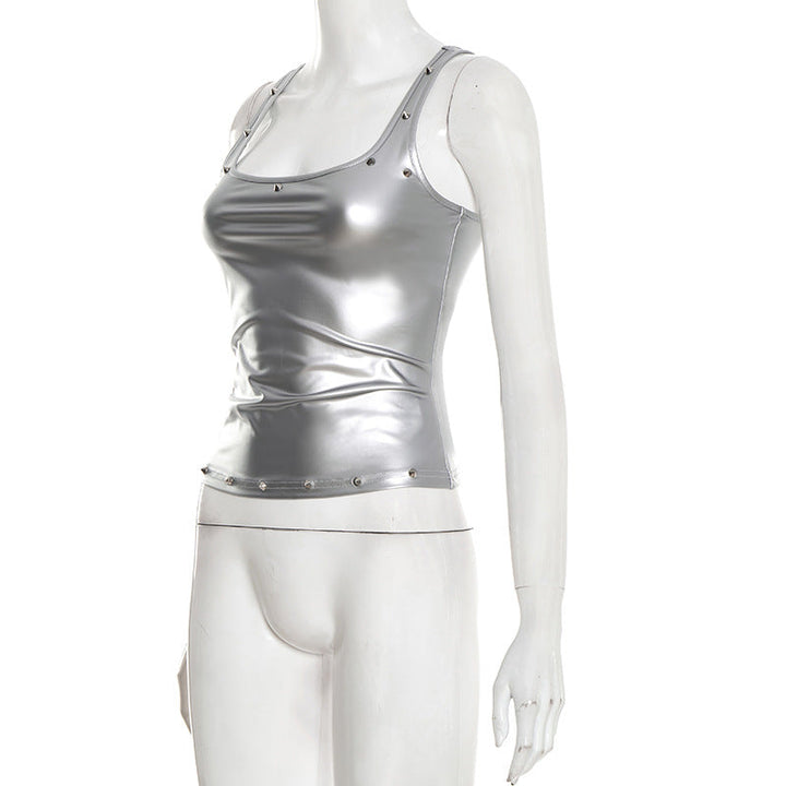 Metallic square neck rivet applique tank top