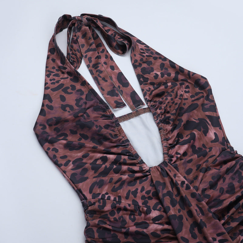 Leopard print ruched halter self tie v neck maxi dress