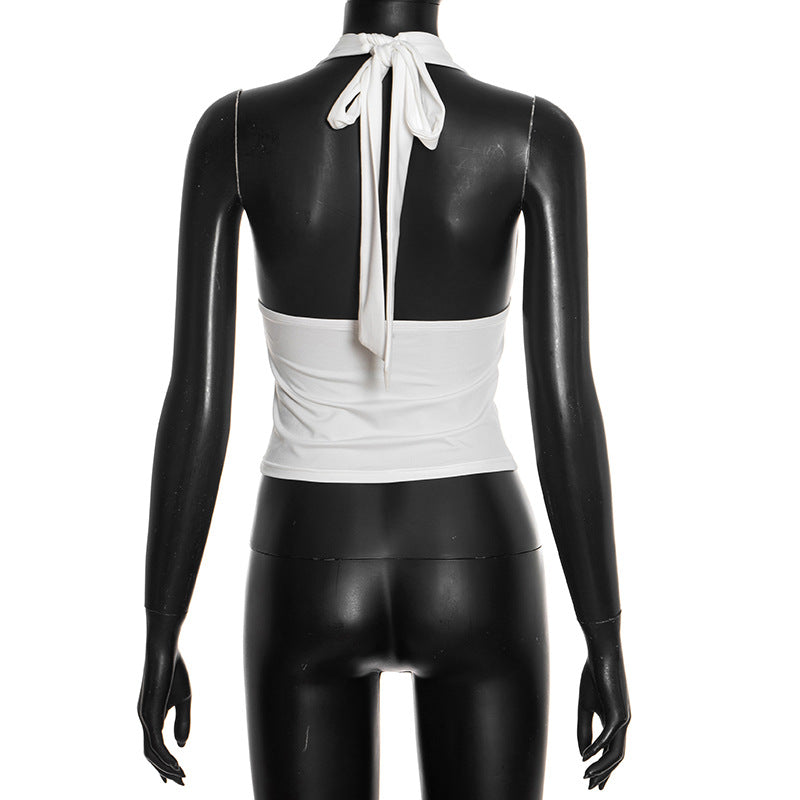 Self tie halter button applique backless top