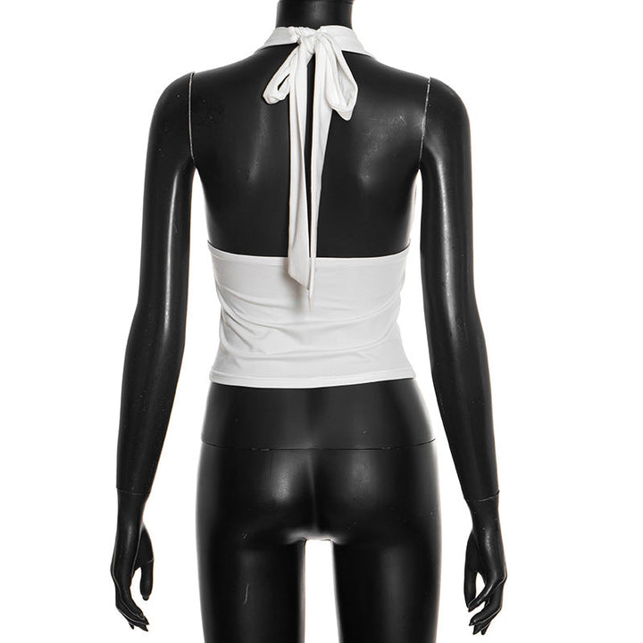 Self tie halter button applique backless top