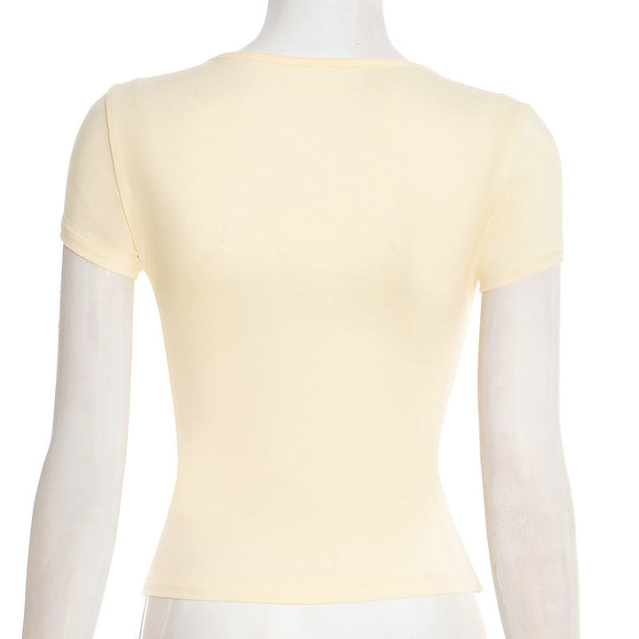 Short sleeve v neck self tie solid crop top