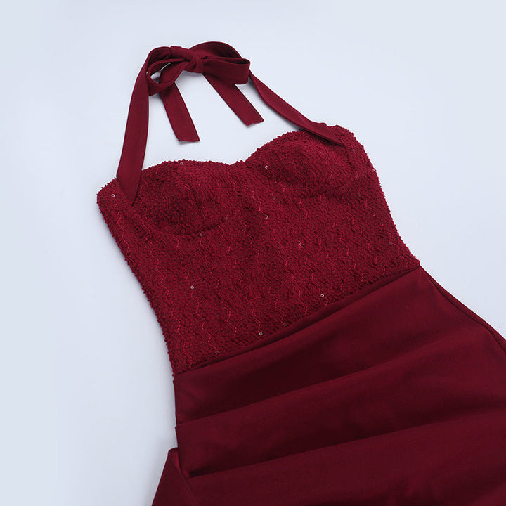 Irregular pleated slit halter self tie maxi dress