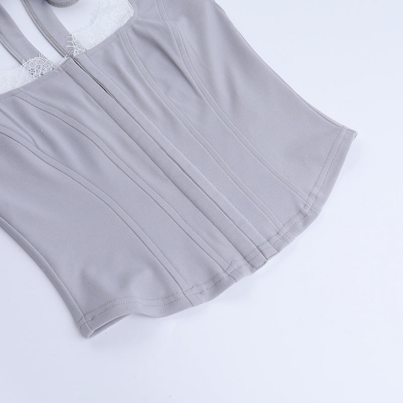 Lace hem self tie halter corset backless top