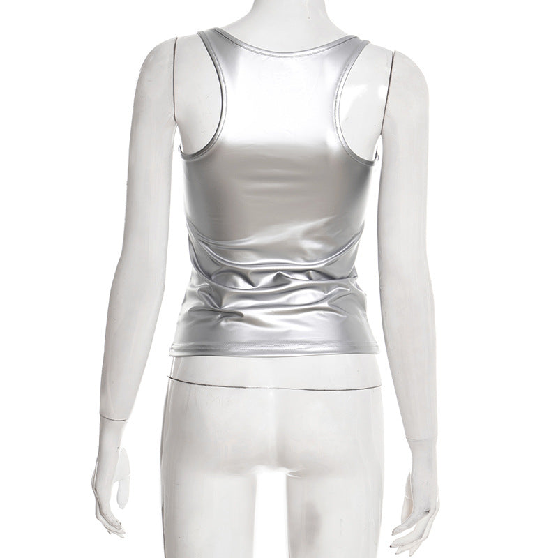 Metallic square neck rivet applique tank top