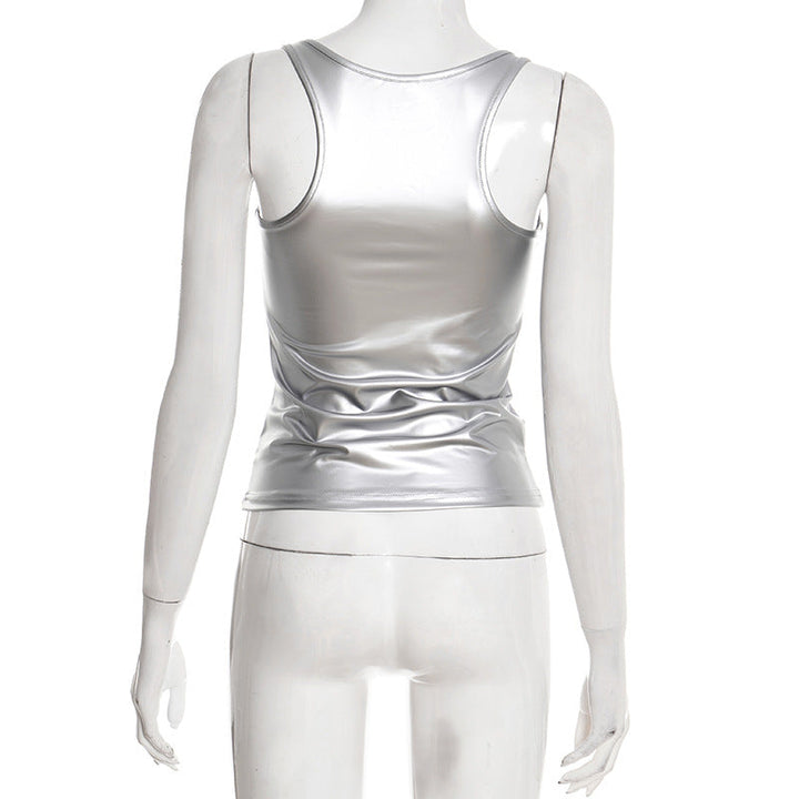 Metallic square neck rivet applique tank top