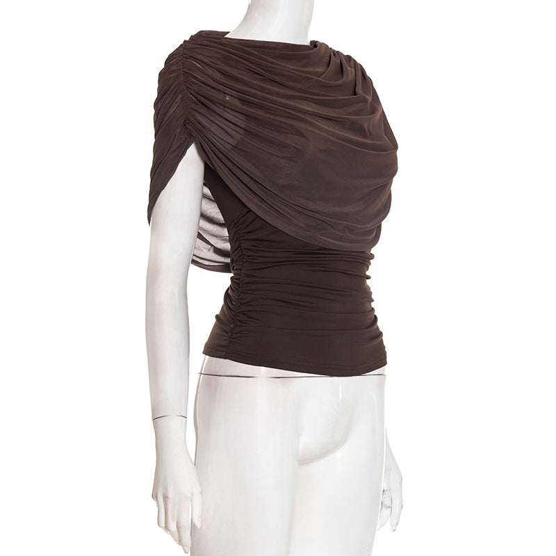 Ruched crewneck mesh solid top