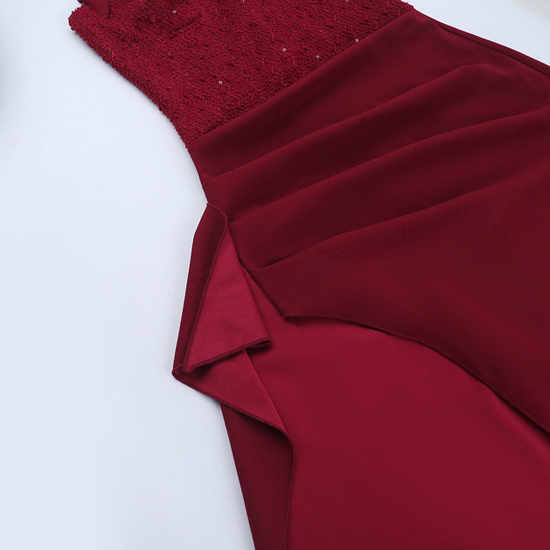 Irregular pleated slit halter self tie maxi dress