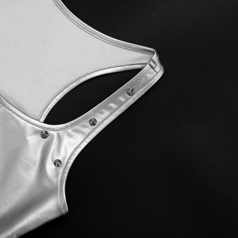 Metallic square neck rivet applique tank top