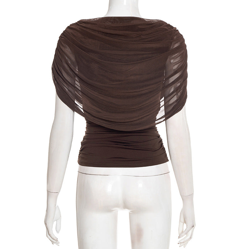 Ruched crewneck mesh solid top