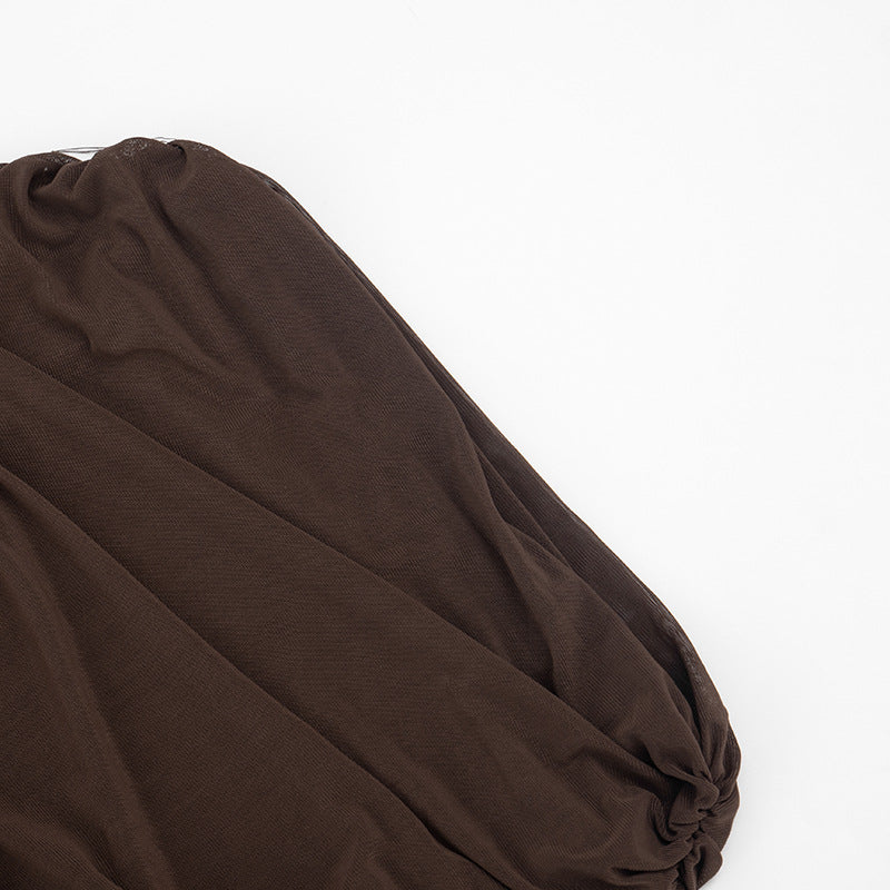 Ruched crewneck mesh solid top