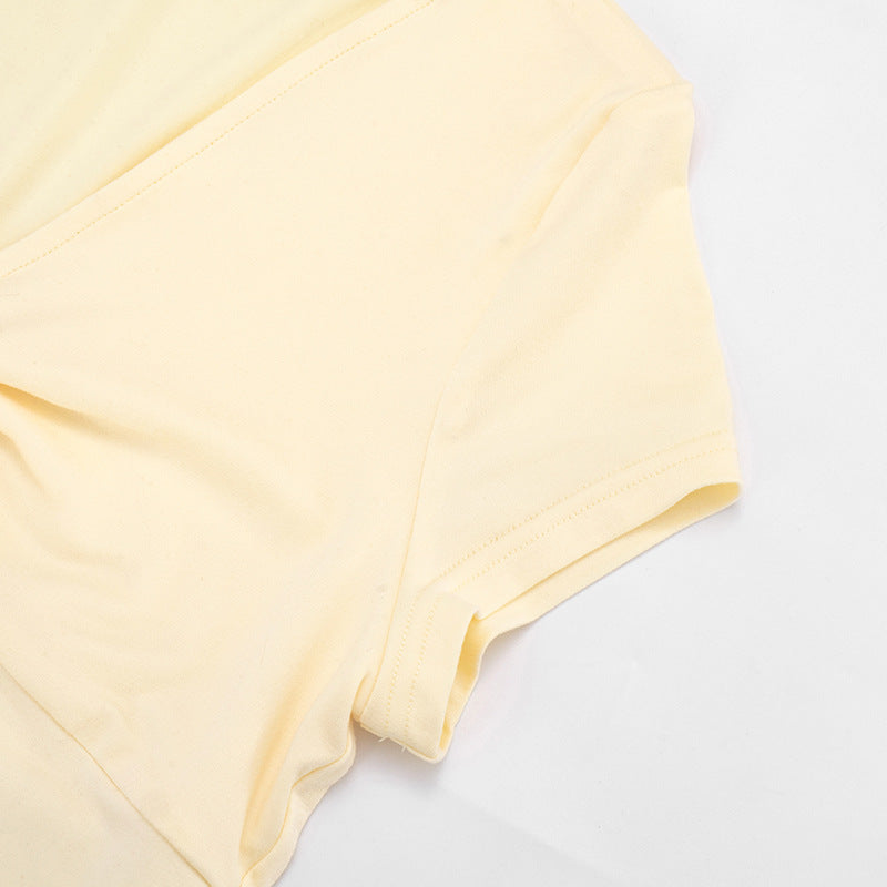 Short sleeve v neck self tie solid crop top